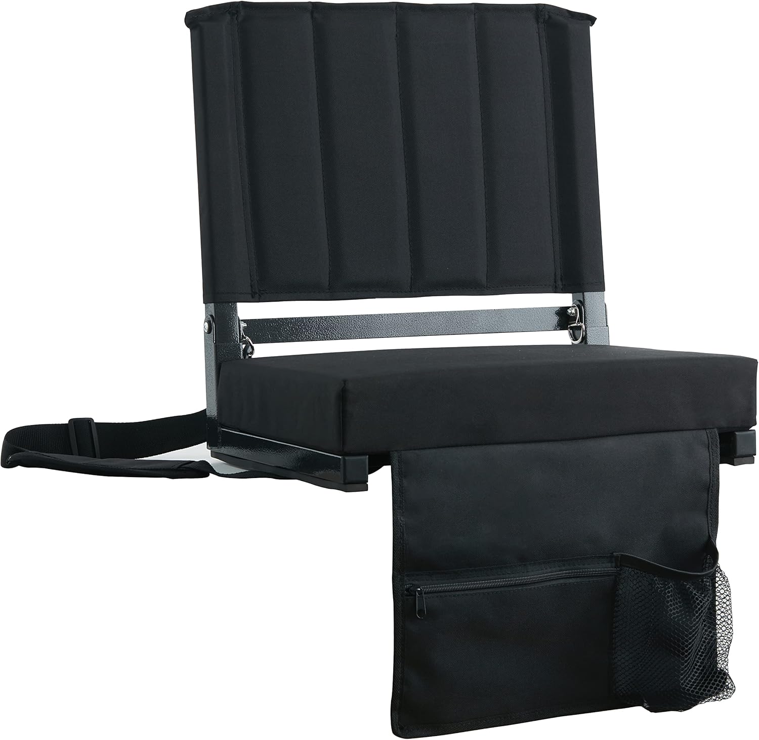 SPORT BEATS Stadium Seat with back support on bleacher, shown in black with padded cushion and armrests